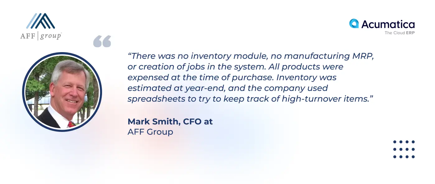 a quote of Mark Smith, CFO at AFF Group, about challenges AFF Group had with Sage