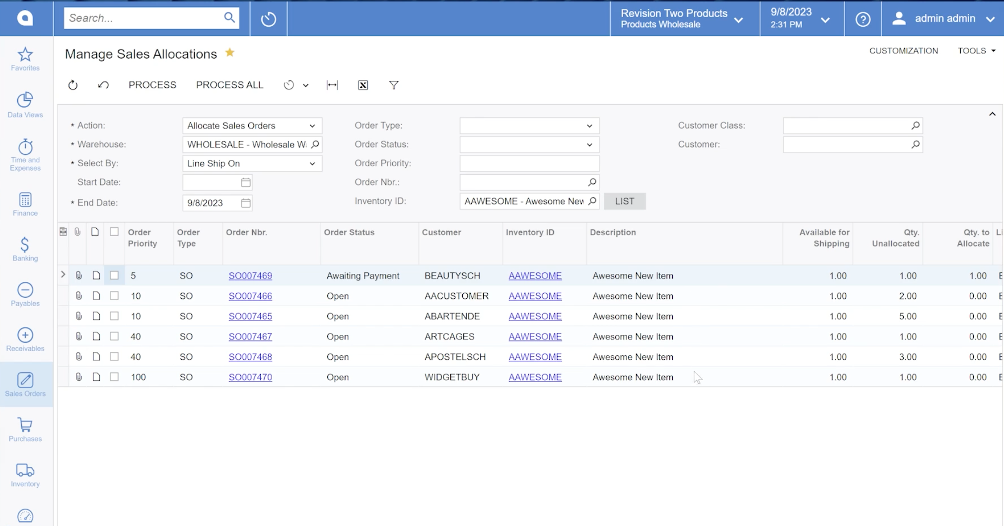 Efficient Inventory Allocation Screenshot of Acumatica ERP
