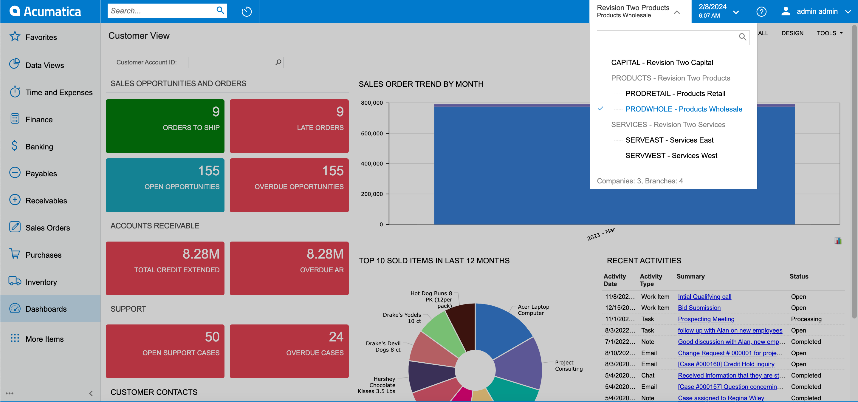 Acumatica ERP. Customer View Dashboard. Branches and tenants dropdown