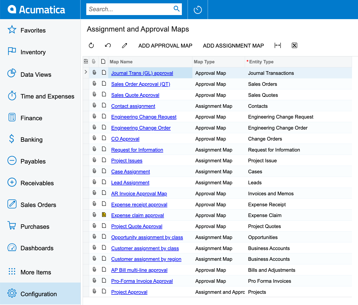 Assignment and approval maps screen in Acumatica Cloud ERP