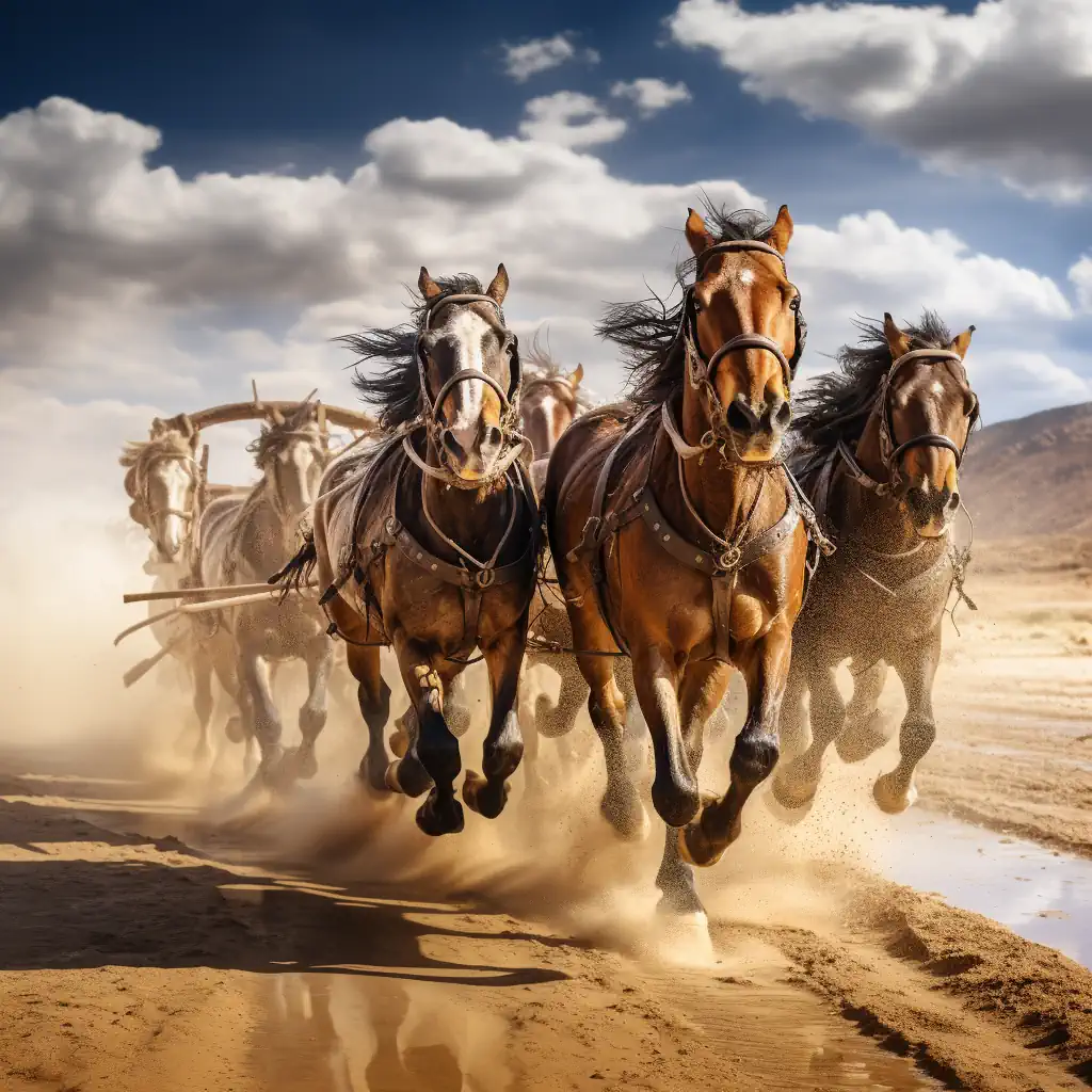 Charriot with 5 horses running at the full speed, which symbolizes speed of development of the business. Chariot is amlost invisible. Purpose is to show, that Acumatica consultants of AcuPower help to tame and control changes