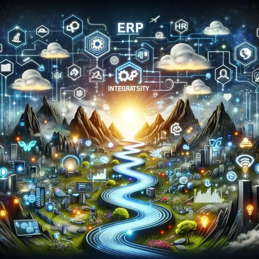 Here is an illustration that captures the essence of the journey of ERP (Enterprise Resource Planning) integration. This image visually represents the path through the complexities and strategic maneuvers involved in integrating an ERP system into a business environment, highlighting various elements of business operations and technological innovation.